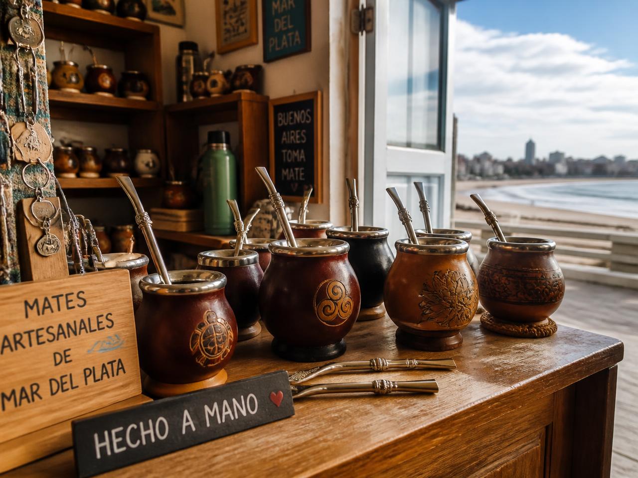 Mostrador de mates artesanales frente al mar en Mar del Plata